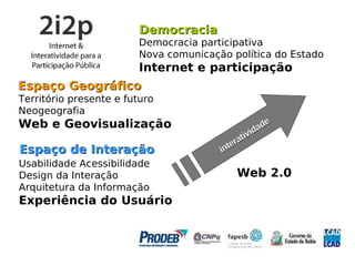 Democracia
                        Democracia participativa
                        Nova comunicação política do Estado
                        Internet e participação
Espaço Geográfico
Território presente e futuro
Neogeografia
Web e Geovisualização                                dad
                                                        e
                                               t ivi
                                           era
Espaço de Interação                    int
Usabilidade Acessibilidade
Design da Interação                         Web 2.0
Arquitetura da Informação
Experiência do Usuário
 