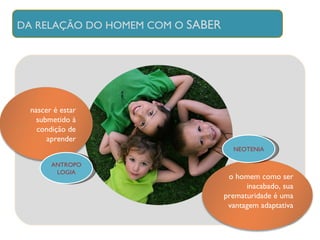 DA RELAÇÃO DO HOMEM COM O  SABER ANTROPOLOGIA NEOTENIA nascer é estar submetido à condição de aprender o homem como ser inacabado, sua prematuridade é uma vantagem adaptativa 