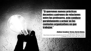 “Si queremos nuevas prácticas
docentes y patrones de relaciones
entre los profesores, esto conduce
paralelamente a actuar en los
contextos organizativos en que
trabajan.“
--Bolívar, Escudero, Teresa, García Gómez.
El	centro	como	lugar	de	innovación.	
https://www.researchgate.net/publication/277311548_1505_Bolivar_Domingo_Escudero
_y_Rodrigo_El_Centro_como_lugar_de_Innovacion
 