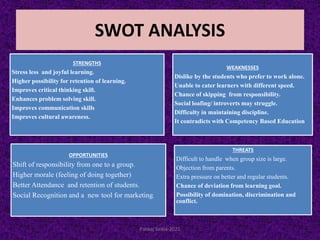 SWOT ANALYSIS
STRENGTHS
Stress less and joyful learning.
Higher possibility for retention of learning.
Improves critical thinking skill.
Enhances problem solving skill.
Improves communication skills
Improves cultural awareness.
WEAKNESSES
Dislike by the students who prefer to work alone.
Unable to cater learners with different speed.
Chance of skipping from responsibility.
Social loafing/ introverts may struggle.
Difficulty in maintaining discipline.
It contradicts with Competency Based Education
OPPORTUNITIES
Shift of responsibility from one to a group.
Higher morale (feeling of doing together)
Better Attendance and retention of students.
Social Recognition and a new tool for marketing.
THREATS
Difficult to handle when group size is large.
Objection from parents.
Extra pressure on better and regular students.
Chance of deviation from learning goal.
Possibility of domination, discrimination and
conflict.
Pankaj Saikia-2021
 