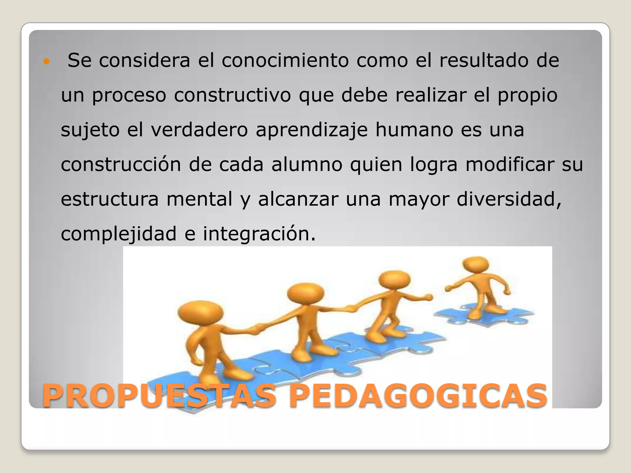    Se considera el conocimiento como el resultado de
    un proceso constructivo que debe realizar el propio
    sujeto el verdadero aprendizaje humano es una
    construcción de cada alumno quien logra modificar su
    estructura mental y alcanzar una mayor diversidad,
    complejidad e integración.




PROPUESTAS PEDAGOGICAS
 