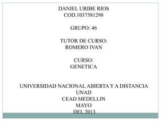 DANIEL URIBE RIOS
COD.1037581298
GRUPO: 46
TUTOR DE CURSO:
ROMERO IVAN
CURSO:
GENETICA
UNIVERSIDAD NACIONAL ABIERTA Y A DISTANCIA
UNAD
CEAD MEDELLIN
MAYO
DEL 2013
 