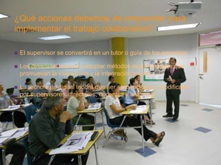 + 
¿Qué acciones debemos de emprender para 
implementar el trabajo colaborativo? 
 El supervisor se convertirá en un tutor o guía de los procesos. 
 Los directores deberán adoptar métodos de aprendizaje que 
promuevan la interacción y la integración grupal. 
 La tecnología digital tendrá que ser aprovechada y modificada 
por supervisores, directores, docentes y alumnos. 
 