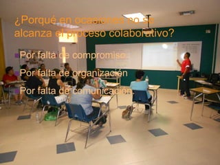 + 
¿Porqué en ocasiones no se 
alcanza el proceso colaborativo? 
Por falta de compromiso. 
Por falta de organización 
Por falta de comunicación. 
 