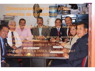 + 
Dimensiones para mejorar los 
entornos de aprendizaje. 
 PROPIEDAD DE LA TAREA. ¿Quién determina la 
tarea? 
 CONTROL DE LA TAREA. Itinerario, acciones, flujo 
de aprendizaje, profundidad. Tiempo, 
interdependencia positiva y AUTONOMÍA. 
 CARACTER DE LA TAREA. Es relevante o no? 
Proyectos, casos y construcciones. 
 