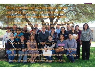 + 
En el aprendizaje colaborativo, varias 
personas aprenden sicrónicamente, 
resolviendo las situaciones en grupo. 
 La simple interacción no es suficiente, hay que diseñar 
procesos de gestión y organización directiva y docente: 
 Conformar los grupos. 
 Planificar. 
 Diseñar la comunicación y la interacción. 
 Establecer la negociación para la resolución de conflictos. 
 Checar la Dimensión Ética. Implementar la EVALUACIÓN y 
 Emplear herramientas como rúbricas y portfolios. 
 