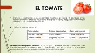 EL TOMATE
 El tomate es un alimento con escasa cantidad de calorías. De hecho, 100 gramos de tomate
aportan solamente 18 kcal. La mayor parte de su peso es agua y el segundo constituyente en
importancia son los hidratos de carbono.
 CLASIFICACION TAXONOMICA:
Se destacan las siguientes vitaminas B1, B2, B5 y la C. Presenta también carotenoides como
el licopeno (pigmento que da el color rojo característico al tomate). La vitamina C y el licopeno
son antioxidantes con una función protectora del organismo humano.
 