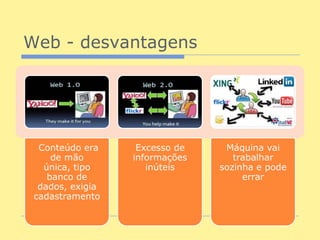 Web - desvantagens




  Conteúdo era     Excesso de    Máquina vai
     de mão       informações      trabalhar
   única, tipo       inúteis    sozinha e pode
    banco de                         errar
  dados, exigia
 cadastramento
 