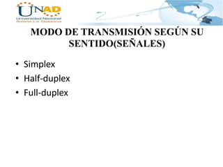 MODO DE TRANSMISIÓN SEGÚN SU
SENTIDO(SEÑALES)
• Simplex
• Half-duplex
• Full-duplex

 