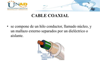 CABLE COAXIAL
• se compone de un hilo conductor, llamado núcleo, y
un mallazo externo separados por un dieléctrico o
aislante.

 
