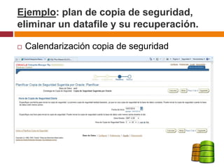  Calendarización copia de seguridad
Ejemplo: plan de copia de seguridad,
eliminar un datafile y su recuperación.
 