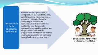 • Generación de capacidades y
compromisos de transformación,
cambio positivo y reconversión a
prácticas culturales, hábitos,
acciones y/o actividades
enmarcadas en la sostenibilidad
ambiental que busquen la
prevención, reducción, mitigación
de procesos o acciones de
degradación o deterioro ambiental
en aras de garantizar un ambienta
sano a las futuras generaciones
Importancia
de la
educación
ambiental
 