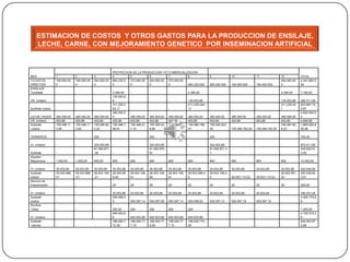 ESTIMACION DE COSTOS Y OTROS GASTOS PARA LA PRODUCCION DE ENSILAJE,
    LECHE, CARNE, CON MEJORAMIENTO GENETICO POR INSEMINACION ARTIFICIAL



                                                          PROYECCION DE LA PRODUCCION Y/O COMERCIALIZACION
MES               1             2            3            4         5          6          7          8                         9              10                      11                  12            T0TAL
T/COSTOS          190.500.00    190.500.00   264.500.00   684.220,0 373.000.00 454.000.00 373.000.00                                                                                      494.000.00    4.341.660.0
DIRECTOS          0             0            0            0         0          0          0          684.220.000               265.000.000    184.000.000             184.000.000         0             00
ENSILAJE
Tonelada          -             -            -            2.394,00    -             -             -             2.394,00       -                                      -                   2.394,00      7.182,00
                                                          130.003,8
VR. Unitario      -             -            -            6           -             -             -             130.003,86     -              -                       -                   130.003,86    390.011,59
                                                          311.229.2                                             311.229.245,                                                              311.229.25    933.687.74
Subtotal costos   -             -            -            45,17                     -             -             17             -              -                       -                   1             0,87
                                                          385.000,0                                                                                                                                     4.620.000,0
LECHE CRUDA       385.000,00    385.000,00   385.000,00   0           385.000,00    385.000,00    385.000,00    385.000,00     385.000,00     385.000,00              385.000,00          385.000,00    0
VR. Unitario      403,89        403,89       403,89       403,89      403,89        403,89        403,89        403,89         403,89         403,89                  403,89              403,89        4.846,56
Subtotal          155.496.11    155.496.11   155.495.92   155.486.7   155.496.01    155.495.04    155.496.01    155.486.796,   155.495.823,                                               155.487.65    1.865.925.8
costos            3,99          3,99         0,22         96,47       7,10          8,86          7,10          47             35             155.496.792,59          155.496.792,59      8,23          90,96

TERNEROS          -             -            250                      -             250           -             -              250                            -                       -   -             750,00

Vr. Unitario      -             -            324.003,88   -           -             324.003,89    -             -              324.003,89                     -                       -   -             972.011,65
                                             81.000.971                             81.000.970,                                81.000.971,3                                                             243.002.91
Subtotal          -             -            ,38          -           -             81            -             -              1                              -                       -   -             3,50
Alquiler/
Maquinaria        1.000,00      1.000,00     800,00       800         800           800           800           800            800            800                     800                 800           10.000,00

Vr. Unitario      35.003,89     35.003,89    35.003,89    35.003,86   35.003,89     35.003,86     35.003,89     35.003,86      35.003,89      35.003,89               35.003,89           35.003,86     420.046,56
Subtotal          35.003.886,   35.003.886   28.003.108   28.003.08   28.003.108,   28.003.106,   28.003.108,   28.003.089,4   28.003.108,2                                               28.003.091,   350.038.80
costos            01            ,01          ,41          9,45        61            60            61            5              0              28.003.110,22           28.003.110,22       24            3,01
Servicio de
Inseminación      -             -            -            25          25            25            25            25             25             25                      25                  25            200,00

Vr. Unitario      -             -            -            20.003,86   20.003,89     20.003,88     20.003,89     20.003,86      20.003,89      20.003,89               20.003,89           -             160.031,04
Subtotal                                                  500.096,5                                                                                                                                     4.000.775,8
costos            -             -            -            5           500.097,14    500.097,08    500.097,14    500.096,55     500.097,13     500.097,19              500.097,19          -             9
Novillos
 Ceba             -             -            -            200,00      200           200           200           200            -                                  -   -                   -             1.000,00
                                                          945.003,8                                                                                                                                     4.725.019,3
Vr. Unitario                                              6           945.003,89    945.003,88    945.003,89    945.003,86     -                                  -   -                   -             8
Subtotal                                                  189.000.7   189.000.77    189.000.77    189.000.77    189.000.772,                                                                            945.003.87
valores           -                              -        72,36       7,15          6,65          7,15          36             -                                  -   -                   -             5,68
 