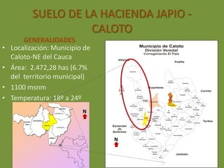 SUELO DE LA HACIENDA JAPIO -
                     CALOTO
        GENERALIDADES
•   Localización: Municipio de
    Caloto-NE del Cauca
•   Área: 2.472,28 has (6.7%
    del territorio municipal)
•   1100 msnm
•   Temperatura: 18º a 24º
                           N



                                 N
 