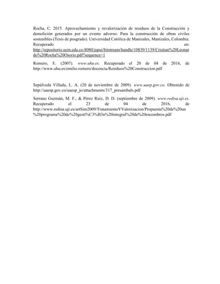 Rocha, C. 2015. Aprovechamiento y revalorización de residuos de la Construcción y
demolición generados por un evento adverso. Para la construcción de obras civiles
sostenibles (Tesis de posgrado). Universidad Católica de Manizales, Manizales, Colombia.
Recuperado en:
http://repositorio.ucm.edu.co:8080/jspui/bitstream/handle/10839/1139/Cristian%20Leonar
do%20Rocha%20Osorio.pdf?sequence=1
Romero, E. (2007). www.uhu.es. Recuperado el 20 de 04 de 2016, de
http://www.uhu.es/emilio.romero/docencia/Residuos%20Construccion.pdf
Sepúlveda Villada, L. A. (20 de noviembre de 2009). www.uaep.gov.co. Obtenido de
http://uaesp.gov.co/uaesp_jo/attachments/317_presanibals.pdf
Serrano Guzmán, M. F., & Pérez Ruiz, D. D. (septiembre de 2009). www.redisa.uji.es.
Recuperado el 23 de 04 de 2016, de
http://www.redisa.uji.es/artSim2009/TratamientoYValorizacion/Propuesta%20de%20un
%20programa%20de%20gesti%C3%B3n%20integral%20de%20escombros.pdf
 