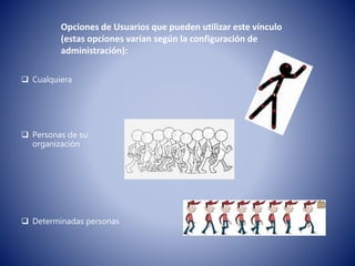 Opciones de Usuarios que pueden utilizar este vínculo
(estas opciones varían según la configuración de
administración):
 Cualquiera
 Personas de su
organización
 Determinadas personas
 