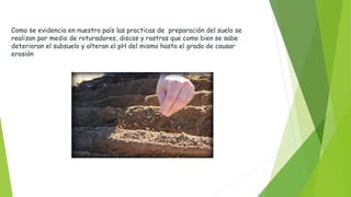 Como se evidencia en nuestro país las practicas de preparación del suelo se
realizan por medio de roturadores, discos y rastras que como bien se sabe
deterioran el subsuelo y alteran el pH del mismo hasta el grado de causar
erosión
 