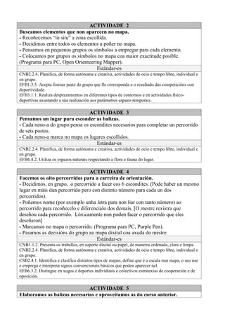 ACTIVIDADE 2
Buscamos elementos que non aparecen no mapa.
- Recoñecemos “in situ” a zona escollida.
- Decidimos entre todos os elementos a poñer no mapa.
- Pensamos en pequenos grupos os símbolos a empregar para cada elemento.
- Colocamos por grupos os símbolos no mapa coa maior exactitude posible.
(Programa para PC, Open Orienteering Mapper).
Estándar-es
CNB2.2.4. Planifica, de forma autónoma e creativa, actividades de ocio e tempo libre, individual e
en grupo.
EFB1.3.5. Acepta formar parte do grupo que lle corresponda e o resultado das competicións con
deportividade.
EFB3.1.1. Realiza desprazamentos en diferentes tipos de contornos e en actividades físico-
deportivas axustando a súa realización aos parámetros espazo-temporais.
ACTIVIDADE 3
Pensamos un lugar para esconder as balizas.
- Cada neno-a do grupo pensa os escondites necesarios para completar un percorrido
de seis postos.
- Cada neno-a marca no mapa os lugares escollidos.
Estándar-es
CNB2.2.4. Planifica, de forma autónoma e creativa, actividades de ocio e tempo libre, individual e
en grupo.
EFB6.4.2. Utiliza os espazos naturais respectando a flora e fauna do lugar.
ACTIVIDADE 4
Facemos os oito percorridos para a carreira de orientación.
- Decidimos, en grupo, o percorrido a facer cos 6 escondites. (Pode haber un mesmo
lugar en máis dun percorrido pero con distinto número para cada un dos
percorridos).
- Poñemos nome (por exemplo unha letra para non liar con tanto número) ao
percorrido para recoñecelo e diferencialo dos demais. [O mestre rexistra que
deseñou cada percorrido. Lóxicamente non poden facer o percorrido que eles
deseñaron]
- Marcamos no mapa o percorrido. (Programa para PC, Purple Pen).
- Pasamos as decisións do grupo ao mapa dixital coa axuda do mestre.
Estándar-es
CNB1.1.2. Presenta os traballos, en soporte dixital ou papel, de maneira ordenada, clara e limpa.
CNB2.2.4. Planifica, de forma autónoma e creativa, actividades de ocio e tempo libre, individual e
en grupo.
CSB2.4.1. Identifica e clasifica distintos tipos de mapas, define que é a escala nun mapa, o seu uso
e emprega e interpreta signos convencionais básicos que poden aparecer nel.
EFB6.3.2. Distingue en xogos e deportes individuais e colectivos estratexias de cooperación e de
oposición.
ACTIVIDADE 5
Elaboramos as balizas necesarias e aproveitamos as do curso anterior.
 