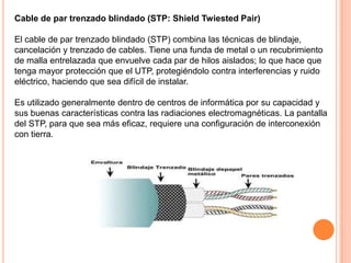Cable de par trenzado blindado (STP: Shield Twiested Pair)
El cable de par trenzado blindado (STP) combina las técnicas de blindaje,
cancelación y trenzado de cables. Tiene una funda de metal o un recubrimiento
de malla entrelazada que envuelve cada par de hilos aislados; lo que hace que
tenga mayor protección que el UTP, protegiéndolo contra interferencias y ruido
eléctrico, haciendo que sea difícil de instalar.
Es utilizado generalmente dentro de centros de informática por su capacidad y
sus buenas características contra las radiaciones electromagnéticas. La pantalla
del STP, para que sea más eficaz, requiere una configuración de interconexión
con tierra.

 