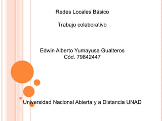 Redes Locales Básico
Trabajo colaborativo

Edwin Alberto Yumayusa Gualteros
Cód. 79842447

Universidad Nacional Abierta y a Distancia UNAD

 