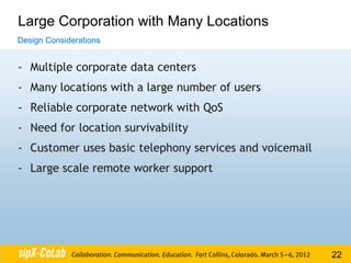Large Corporation with Many Locations
Design Considerations


- Multiple corporate data centers
- Many locations with a large number of users
- Reliable corporate network with QoS
- Need for location survivability
- Customer uses basic telephony services and voicemail
- Large scale remote worker support




                                                         22
 
