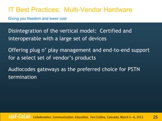 IT Best Practices: Multi-Vendor Hardware
Giving you freedom and lower cost


Disintegration of the vertical model: Certified and
interoperable with a large set of devices

Offering plug n’ play management and end-to-end support
for a select set of vendor’s products

Audiocodes gateways as the preferred choice for PSTN
termination




                                                          25
 