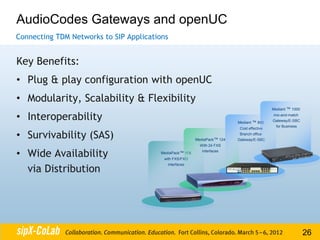 AudioCodes Gateways and openUC
Connecting TDM Networks to SIP Applications


Key Benefits:
• Plug & play configuration with openUC
• Modularity, Scalability & Flexibility
                                                                                            Mediant ™ 1000

• Interoperability                                                        Mediant ™ 800
                                                                                            mix-and-match
                                                                                            Gateway/E-SBC
                                                                                             for Business
                                                                           Cost effective

• Survivability (SAS)                                    MediaPack™ 124
                                                                           Branch office
                                                                          Gateway/E-SBC
                                                           With 24 FXS

• Wide Availability                     MediaPack™ 11X
                                         with FXS/FXO
                                                            interfaces




  via Distribution
                                           interfaces




                                                                                                             26
 