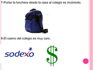 8-El casino del colegio es muy caro.
7-Portar la lonchera desde la casa al colegio es incómodo.