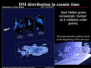 DM distribution in cosmic time
                      Dark Matter grows
                    increasingly 'clumpy'
                     as it collapses under
                            gravity.



                  The map stretches halfway back
                  to the beginning of the universe




                                             23
 
