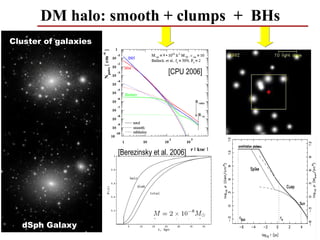 DM halo: smooth + clumps + BHs
Cluster of galaxies


                                       [CPU 2006]




                      [Berezinsky et al. 2006]




  dSph Galaxy
                                                    54
 