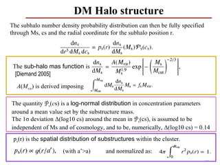 DM Halo structure
The subhalo number density probability distribution can then be fully specified
through Ms, cs and the radial coordinate for the subhalo position r.




 The sub-halo mas function is
  [Diemand 2005]

  A(Mvir) is derived imposing

The quantity Ps(cs) is a log-normal distribution in concentration parameters
around a mean value set by the substructure mass.
The 1σ deviation Δ(log10 cs) around the mean in Ps(cs), is assumed to be
independent of Ms and of cosmology, and to be, numerically, Δ(log10 cs) = 0.14
 ps(r) is the spatial distribution of substructures within the cluster.
                     (with a’>a)       and normalized as:
                                                                                  67
 