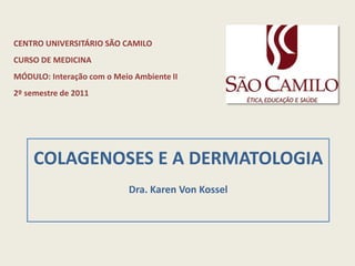 CENTRO UNIVERSITÁRIO SÃO CAMILO  CURSO DE MEDICINA MÓDULO: Interação com o Meio Ambiente II 2º semestre de 2011 Colagenoses e a dermatologiaDra. Karen Von Kossel 