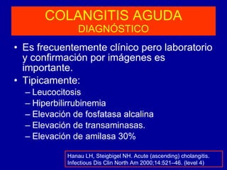 COLANGITIS AGUDA DIAGNÓSTICO Es frecuentemente clínico pero laboratorio y confirmación por imágenes es importante. Tipicamente:  Leucocitosis Hiperbilirrubinemia Elevación de fosfatasa alcalina Elevación de transaminasas. Elevación de amilasa 30% Hanau LH, Steigbigel NH. Acute (ascending) cholangitis. Infectious Dis Clin North Am 2000;14:521–46. (level 4) 