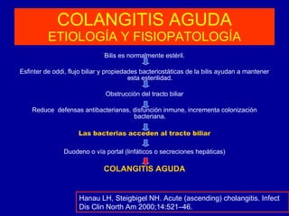 COLANGITIS AGUDA ETIOLOGÍA Y FISIOPATOLOGÍA Bilis es normalmente estéril. Esfinter de oddi, flujo biliar y propiedades bacteriostáticas de la bilis ayudan a mantener esta esterilidad. Obstrucción del tracto biliar Reduce  defensas antibacterianas, disfunción inmune, incrementa colonización bacteriana. Las bacterias acceden al tracto biliar Duodeno o vía portal (linfáticos o secreciones hepáticas) COLANGITIS AGUDA Hanau LH, Steigbigel NH. Acute (ascending) cholangitis. Infect Dis Clin North Am 2000;14:521–46. 
