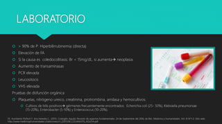 LABORATORIO
 > 90% de P: Hiperbilirrubinemia (directa)
 Elevación de FA
 Si la causa es coledocolitiasis: Br < 15mg/dL, si aumenta neoplasia.
 Aumento de transaminasas
 PCR elevada
 Leucositocis
 VHS elevada
Pruebas de disfunción orgánica
 Plaquetas, nitrógeno ureico, creatinina, protrombina, amilasa y hemocultivos.
 Cultivos de bilis positivos gérmenes frecuentemente encontrados: Echerichia coli (25- 50%), Klebsiella pneumoniae
(15-20%), Enterobacter (5-10%) y Enterococcus (10-20%).
Dr. Humberto Flisfisch F. Ana Heredia C.. (2011). Colangitis Aguda: Revisión de aspectos fundamentales. 24 de Septiembre del 2016, de Rev. Medicina y Humanidades. Vol. III N°1-2. Sitio web:
http://www.medicinayhumanidades.cl/ediciones/n1_22011/06_COLANGITIS_AGUDA.pdf
 