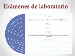 Hemograma
Leucocitosis con desviación a la derecha De 12.000 a 15.000 leucocitos
Glucosa
Urea
Creatinina
Perfil hepático, Bilirrubinas, Fosfatasa alcalina, Transaminasa se encuentran
elevadas
Hemocultivo
 