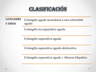 CLASIFICACIÓN
LONGMIRE
5 TIPOS
Colangitis aguda secundaria a una colecistitis
aguda
Colangitis no supurativa aguda
Colangitis supurativa aguda
Colangitis supurativa aguda obstructiva
Colangitis supurativa aguda + Absceso Hepático
 