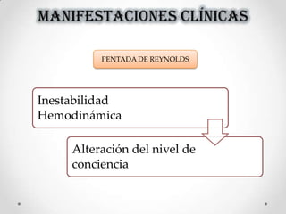 MANIFESTACIONES CLÍNICAS
Inestabilidad
Hemodinámica
Alteración del nivel de
conciencia
PENTADA DE REYNOLDS
 