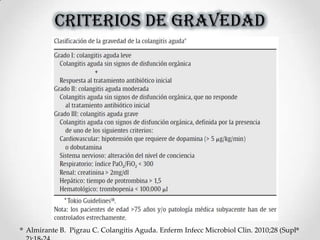 CRITERIOS DE GRAVEDAD
Almirante B. Pigrau C. Colangitis Aguda. Enferm Infecc Microbiol Clin. 2010;28 (Supl
 