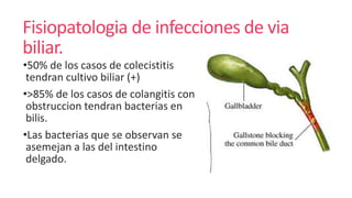 Fisiopatologia de infecciones de via
biliar.
•50% de los casos de colecistitis
tendran cultivo biliar (+)
•>85% de los casos de colangitis con
obstruccion tendran bacterias en
bilis.
•Las bacterias que se observan se
asemejan a las del intestino
delgado.
 