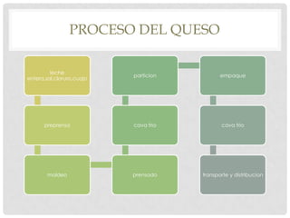 PROCESO DEL QUESO

         leche
                           particion          empaque
entera,sal,cloruro,cuajo




      preprensa            cava frio          cava frio




        moldeo             prensado    transporte y distribucion
 