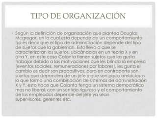 TIPO DE ORGANIZACIÓN

• Según la definición de organización que plantea Douglas
  Mcgregor, en la cual esta depende de un comportamiento
  fijo es decir que el tipo de administración depende del tipo
  de sujetos que la gobiernan. Esto llevo a que se
  caracterizaran los sujetos, ubicándolos en un teoría X y en
  otra Y, en este caso Colanta tienen sujetos que les gusta
  trabajar debido a las motivaciones que les brinda la empresa
  (eventos sociales, remuneraciones por labores), les gusta el
  cambio es decir son propositivos, pero en contraparte son
  sujetos que dependen de un jefe y que son poco ambiciosos
  lo que forma una combinación de sistemas de administración
  X y Y, esto hace que Colanta tenga un sistema democrático
  mas no liberal, con un sentido riguroso y el comportamiento
  de los empleados depende del jefe ya sean
  supervisores, gerentes etc.
 
