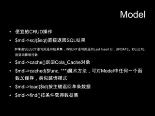 Model˵CRUD$mdl->sql($sql)ֱӷSQLSELECT򷵻ؽINSERT򷵻Last Insert IdUPDATEDELETE򷵻Ӱ$mdl->cache()Cola_Cache$mdl->cached($func, ***)ħɶԲѴǻκһӻ棬װģʽ$-&;ǲ($)ص$-&;ھԻ()ݼ