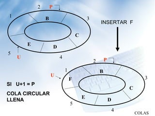 2       P
1                B                               3
                                                         INSERTAR F

                                         C
        E                D
5
    U                        4
                                                     2       P

                                 1                       B
                     U
                                     F                                          3
SI U+1 = P
                                                                         C
COLA CIRCULAR
                                             E
LLENA                                                            D
                                     5
                                                                     4
                                                                             COLAS
 