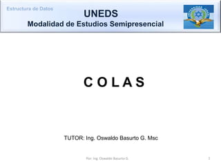 Estructura de Datos
1
Por: Ing. Oswaldo Basurto G.
C O L A S
UNEDS
Modalidad de Estudios Semipresencial
TUTOR: Ing. Oswaldo Basurto G. Msc
 