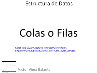 Estructura de Datos
Víctor Viera Balanta
Colas o Filas
Canal: http://www.youtube.com/user/vieravictor01
http://www.youtube.com/playlist?list=PL2FC180FECDC9635E
 