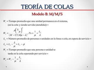 TEORÍA DE COLAS
                            Modelo B: M/M/S
Ws = Tiempo promedio que una unidad permanece en el sistema,
 ...