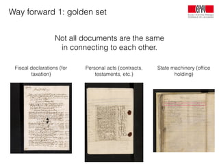 Way forward 1: golden set
Not all documents are the same
in connecting to each other.
Fiscal declarations (for
taxation)
Personal acts (contracts,
testaments, etc.)
State machinery (ofﬁce
holding)
 