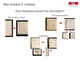 Way forward 2: indexes
How Venetians sorted this information?
Real estate surveys
Fiscal declarations
Testaments
 