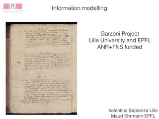 Information modelling
Garzoni Project
Lille University and EPFL
ANR+FNS funded
Valentina Sapienza Lille
Maud Ehrmann EPFL
 